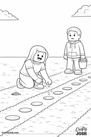 A friendly Roblox-inspired coloring page showing two blocky avatars working together in a garden row, with one kneeling to plant seeds while the ..