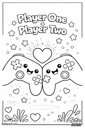 This fun Valentine’s Day coloring page features two smiling game controllers with a heart between them and the message “Player One + Player ..