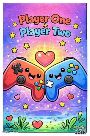 This fun Valentine’s Day coloring page features two smiling game controllers with a heart between them and the message “Player One + Player ..