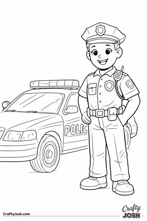 Police officer standing by police car coloring page