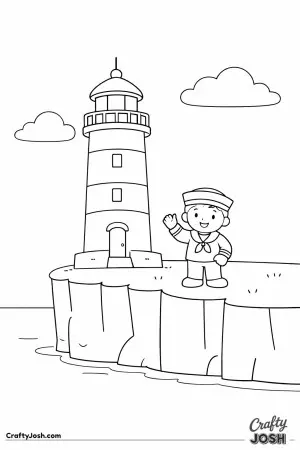 This friendly Portuguese lighthouse stands tall by the sea, inspired by a bright and simple color illustration that brings the scene to life