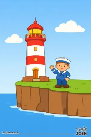 This friendly Portuguese lighthouse stands tall by the sea, inspired by a bright and simple color illustration that brings the scene to life