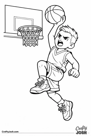 A young basketball player jumps high toward the hoop for a powerful right-handed layup, with one knee raised and eyes locked on the basket