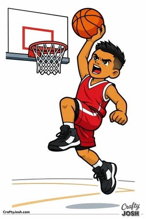 A young basketball player jumps high toward the hoop for a powerful right-handed layup, with one knee raised and eyes locked on the basket