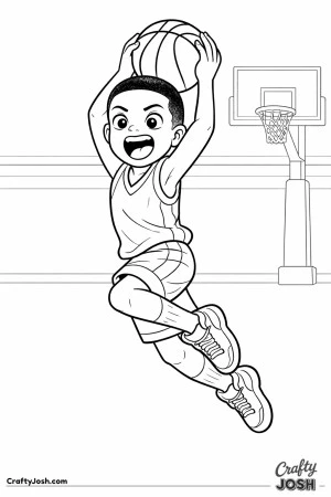 A young basketball player leaps high into the air and prepares for a powerful two-handed dunk near the hoop