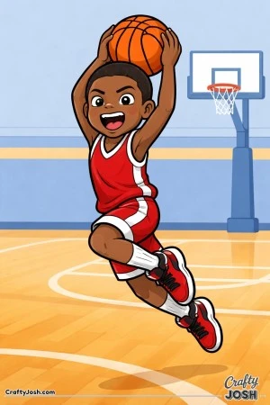 A young basketball player leaps high into the air and prepares for a powerful two-handed dunk near the hoop