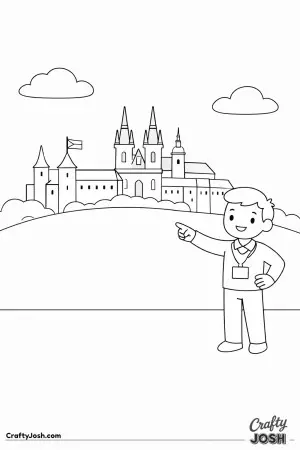 Prague Castle rises above the hill while a smiling guide shows the way on a calm, sunny day