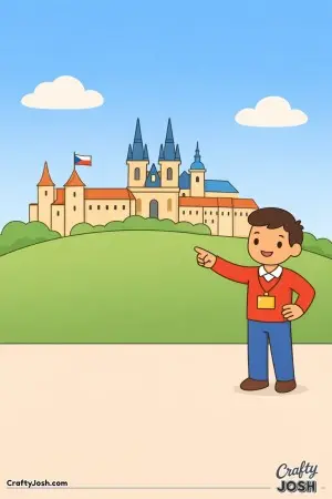 Prague Castle rises above the hill while a smiling guide shows the way on a calm, sunny day