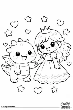 A smiling princess and her tiny baby dragon standing together