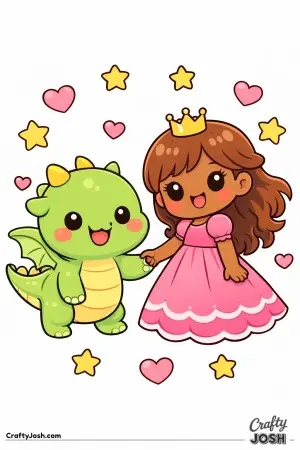 A smiling princess and her tiny baby dragon standing together