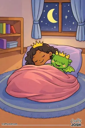 In this peaceful bedtime moment, a princess and dragon are resting side by side.