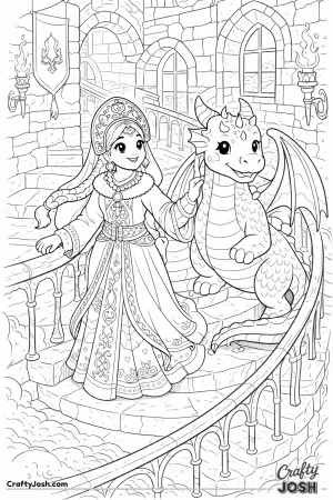 This classic fantasy scene shows a Russian princess on a winding stone staircase with her dragon by her side