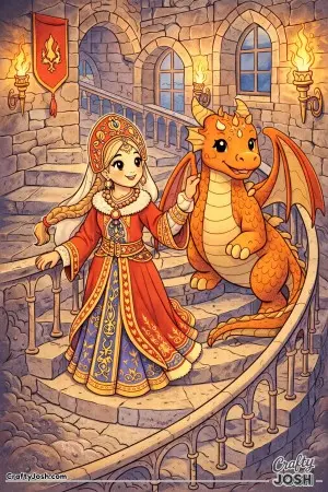 This classic fantasy scene shows a Russian princess on a winding stone staircase with her dragon by her side