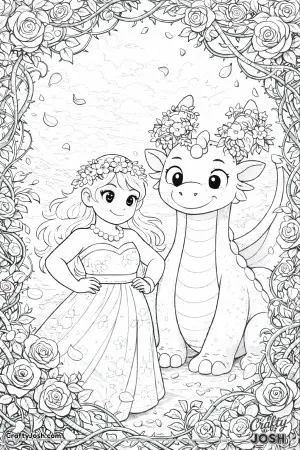 A princess stands beside her friendly dragon, surrounded by a beautiful frame of roses, leaves, and twisting vines