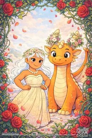 A princess stands beside her friendly dragon, surrounded by a beautiful frame of roses, leaves, and twisting vines