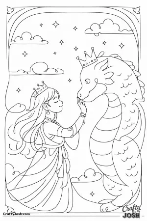 A princess reaches out to her dragon in a clean, continuous-line design that feels modern and creative
