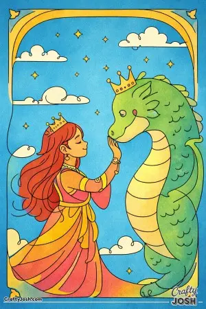A princess reaches out to her dragon in a clean, continuous-line design that feels modern and creative