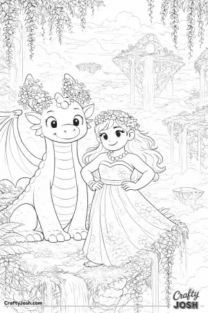 A princess stands proudly beside her friendly dragon on a floating island high above the clouds