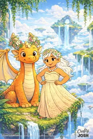 A princess stands proudly beside her friendly dragon on a floating island high above the clouds