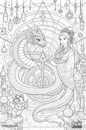 This illustration shows a Chinese princess and her dragon inside a grand laboratory filled with glowing glassware, crystals, and decorative geometric ..