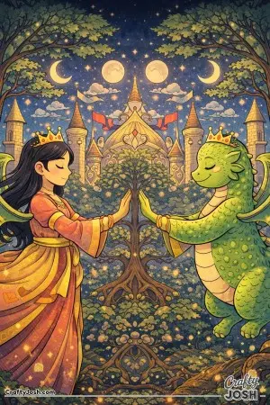 This fantasy scene shows an East Asian princess and dragon facing each other in symmetry, their poses carefully mirrored