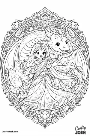 This beautiful scene shows a South Asian princess and her friendly dragon arranged inside a large circular mandala filled with flowers, vines, and ..