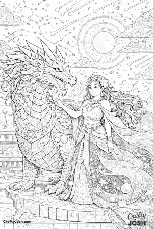 This illustration shows a princess and her dragon standing together on a floating palace made of stone beneath a magical night sky.
