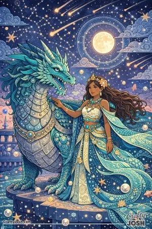 This illustration shows a princess and her dragon standing together on a floating palace made of stone beneath a magical night sky.