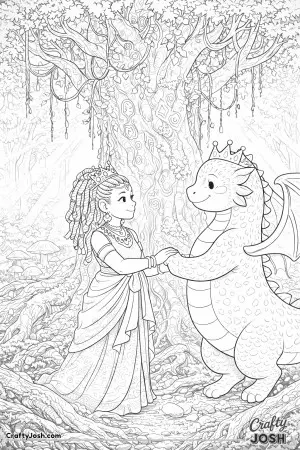 Fantasy illustration of princess and her dragon standing beneath an ancient towering tree with thick twisting roots, carved symbols in the bark, ..