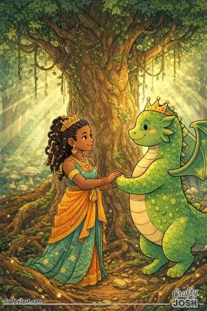 Fantasy illustration of princess and her dragon standing beneath an ancient towering tree with thick twisting roots, carved symbols in the bark, ..