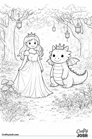 This magical scene shows a princess and her friendly dragon standing together in a glowing forest clearing