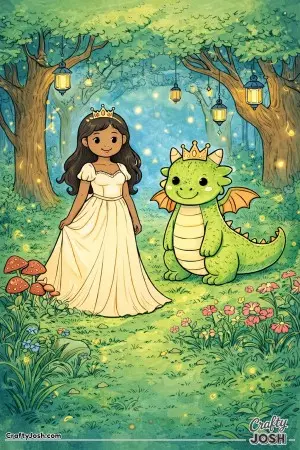 This magical scene shows a princess and her friendly dragon standing together in a glowing forest clearing