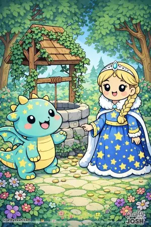 This scene shows a Nordic princess and her friendly dragon standing beside a stone wishing well in a leafy forest clearing.