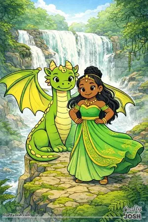 A princess stands proudly beside her dragon near a wide, flowing waterfall surrounded by lush plants and misty air