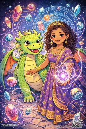 A princess stands beside her dragon as sparkling crystals and glowing orbs float all around them in a magical space