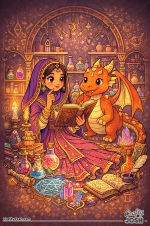 This magical scene shows a curious princess studying spells beside her friendly dragon in a room full of potions, books, and glowing symbols