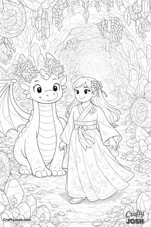 Detailed fantasy scene of an East Asian princess and dragon walking through a crystal cave, walls filled with large faceted crystals, glowing geodes, ..