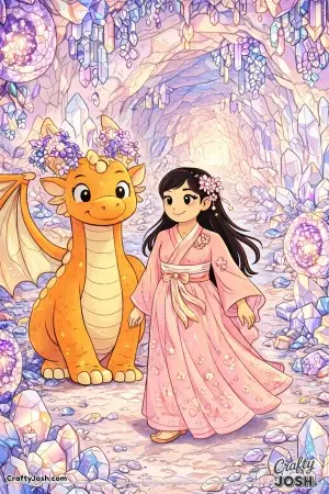 Detailed fantasy scene of an East Asian princess and dragon walking through a crystal cave, walls filled with large faceted crystals, glowing geodes, ..