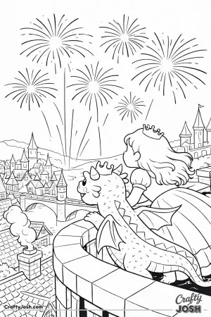 A Latina princess and her dragon stand together, watching bright fireworks light up the night sky above a bustling kingdom