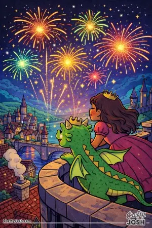A Latina princess and her dragon stand together, watching bright fireworks light up the night sky above a bustling kingdom