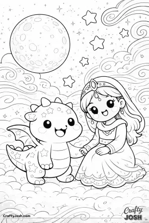 This magical scene shows a princess sitting on soft clouds beside her smiling dragon under a glowing moon