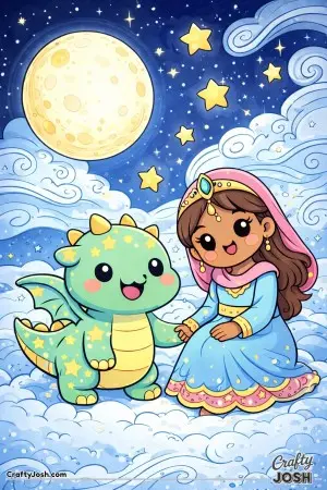 This magical scene shows a princess sitting on soft clouds beside her smiling dragon under a glowing moon