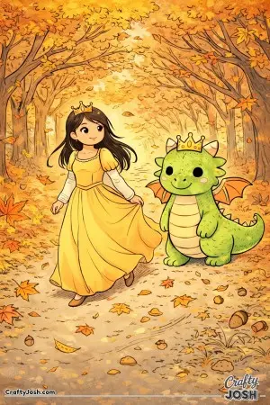 This autumn scene shows an East Asian princess and her friendly dragon walking together along a forest path as golden leaves fall around them