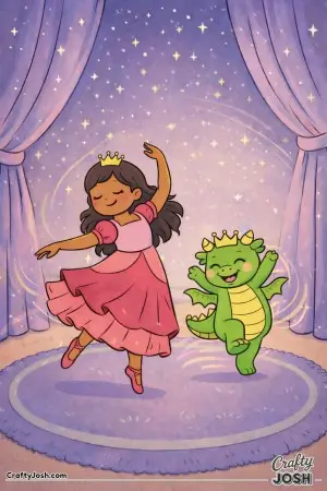 A princess dances across the stage while a baby dragon happily dances along beside her, both moving to an unseen rhythm