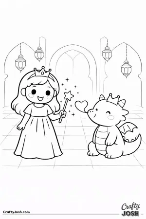 A sweet dragon shares a loving flame while a princess stands proudly inside a beautiful palace