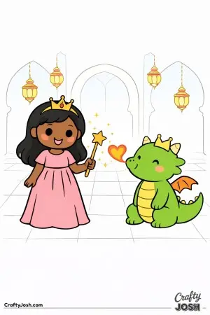 A sweet dragon shares a loving flame while a princess stands proudly inside a beautiful palace