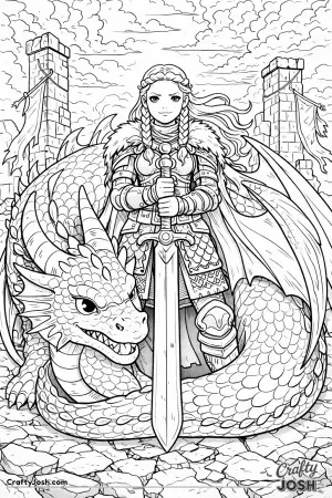 A brave Nordic princess stands tall with her sword planted firmly in the ground as a powerful dragon curls protectively around it
