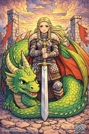 A brave Nordic princess stands tall with her sword planted firmly in the ground as a powerful dragon curls protectively around it