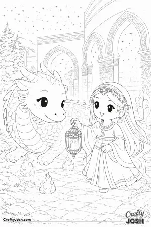 This colorful scene shows a princess holding an ornate lantern as she walks along a stone path with her dragon companion