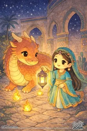 This colorful scene shows a princess holding an ornate lantern as she walks along a stone path with her dragon companion